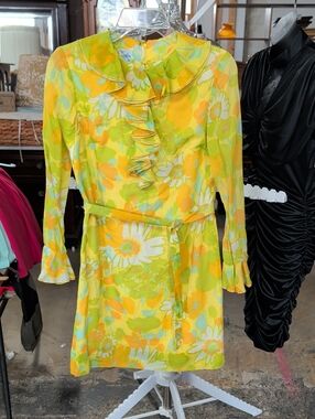 Mod 60s 70s Avalon Classics Psychedelic Neon Yellow Green Ruffle Dress W/ Belt